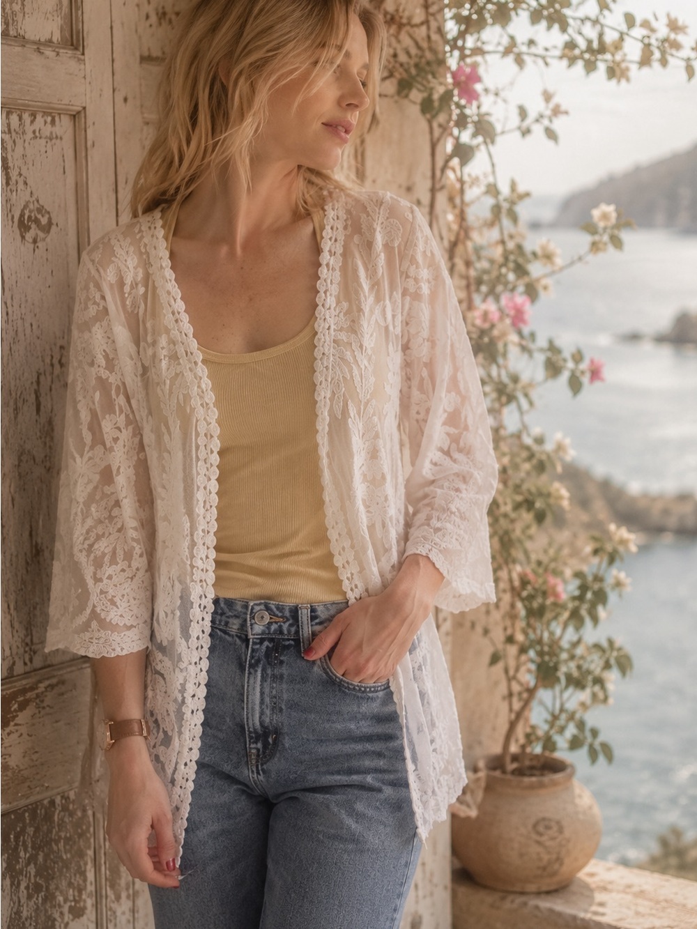 Ronni Nicole White Lace Boho Cardigan Sheer Floral Open Front
